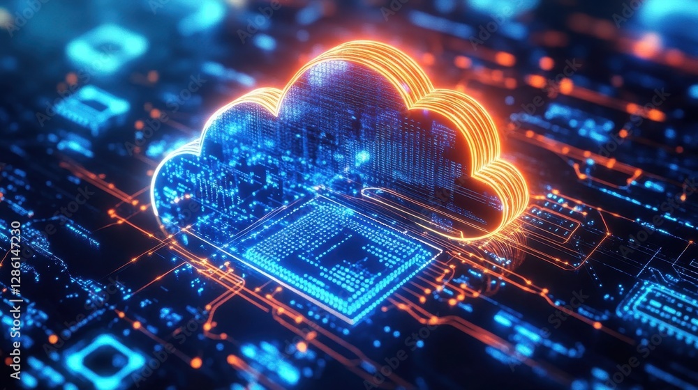 Poster futuristic cloud computing concept with a digital microchip emitting light beams, surrounded by data