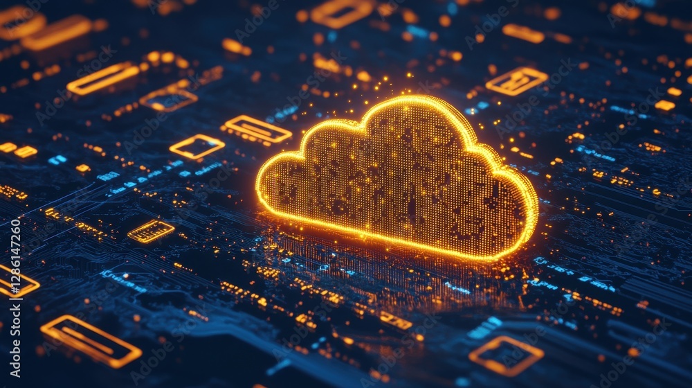 Poster futuristic cloud computing concept with a digital microchip emitting light beams, surrounded by data