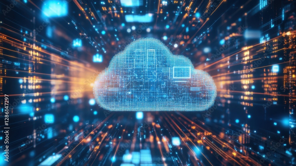 Poster futuristic cloud computing concept with a digital microchip emitting light beams, surrounded by data
