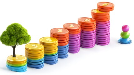 Investments rise with a tree and stack of growing money coins