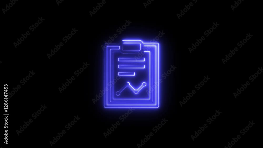 Poster glowing neon graphic document or report with chart icon animation.paper reporting illustration symbo