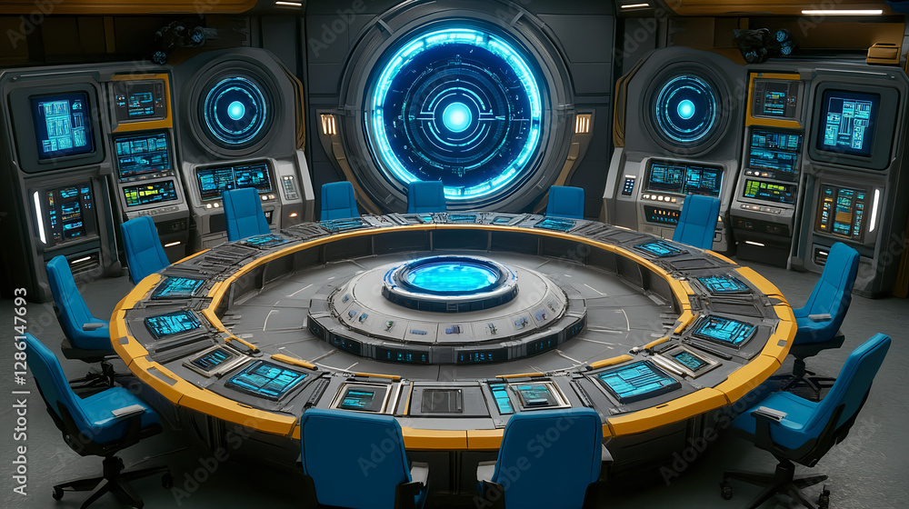 Poster advanced control room setup futuristic technology hub digital workspace sci-fi environment central p