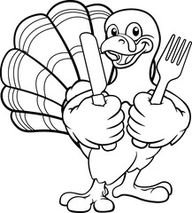 A turkey Thanksgiving cartoon bird Christmas mascot holding a knife and fork