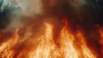 A powerful visual of intense flames juxtaposed against dark smoke and evergreen trees, symbolizing the fierce battle against wildfires and environmental protection.