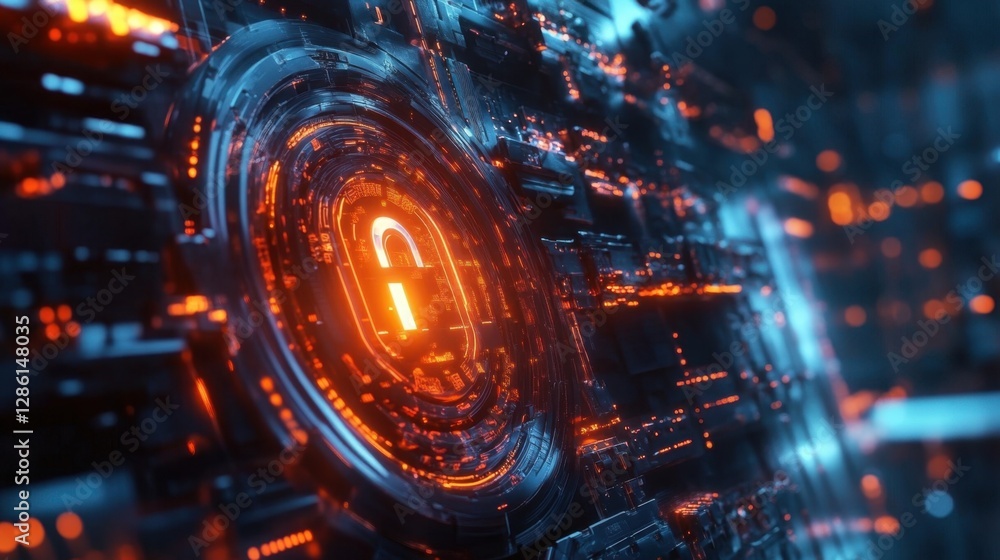 Poster futuristic representation of a glowing lock on a digital network, showcasing encrypted data and cybe