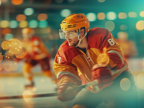 Young male hockey player, on the ice in orange uniform, close-up. Professional sports concept.