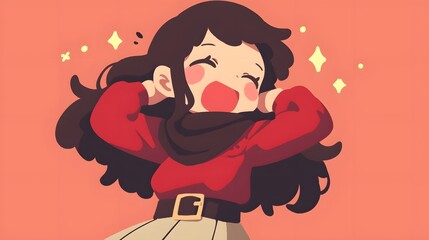 Cheerful and Energetic Cartoon Woman Celebrating Joyously Jumping and Dancing in a Vibrant Red Cloak and Scarf