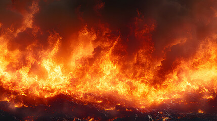Inferno's Embrace: A panoramic view of an intense inferno, with flames and smoke engulfing the horizon, creating a dramatic spectacle.