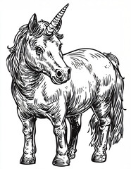 Majestic Unicorn Line Art, ユニコーン イラスト, Mythical Creature Illustration for Tattoos and Posters