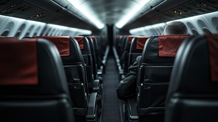 Fototapeta premium Interior of an Empty Airplane with Red Accents and Low Lighting for Realistic Photography of Travel Atmosphere