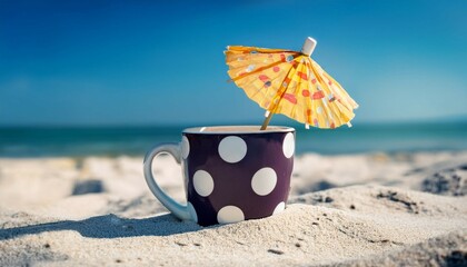 an empty polka dot cup resting on sand with a playful umbrella