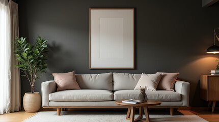 Japanese interior design of modern living room, home. Mid-century sofa near wooden cabinet against dark wall with poster, frame. 