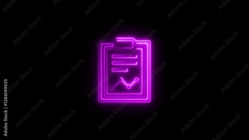 Poster glowing neon graphic document or report with chart icon animation.paper reporting illustration symbo
