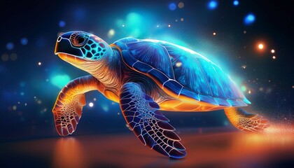 a glowing sea turtle in vibrant blue and orange light with sparkling particles