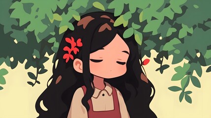 Portrait of a serene and graceful woman with long dark hair surrounded by a lush verdant environment of leaves flowers and foliage  The image conveys a sense of natural beauty tranquility