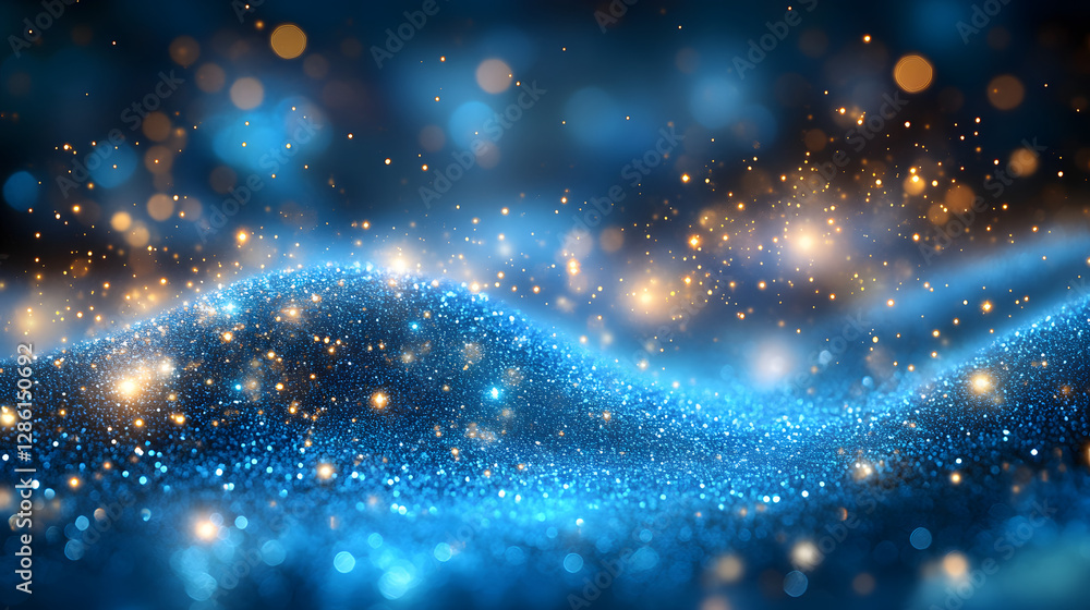 Poster cosmic wave of light: a mesmerizing display of luminous particles in shades of blue and gold, flowin
