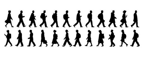 Set of business people walking side view silhouette. Business team silhouette collection.