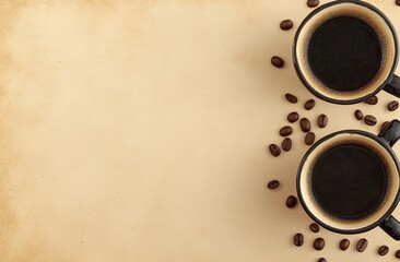 Obraz premium Two coffee cups with coffee beans on aged paper background