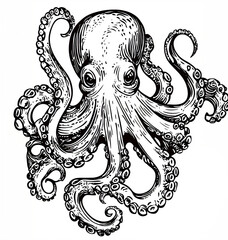 Elegant Monochrome Cartoon Octopus Illustration, High-Detail Sketch, No Background, Perfect for Kids' Books, Marine Life Art, タコのイラスト, モノクロ, 手描き, 海の生物