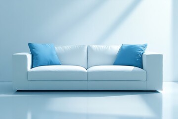 A contemporary white sofa adorns the room with blue pillows