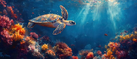 Fototapeta premium Sea turtle swimming in vibrant coral reef.