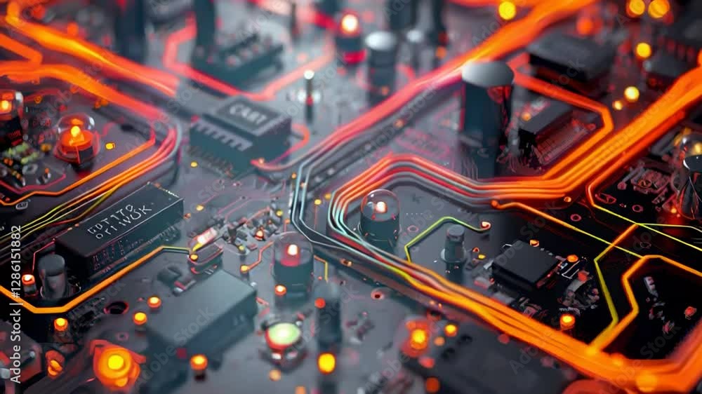 Poster intricate circuit board design with illuminated components and vibrant connections in a modern tech 
