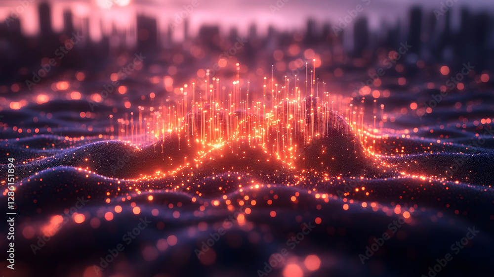Poster abstract cityscape: a mesmerizing, futuristic cityscape pulsates with vibrant lights, depicting a di