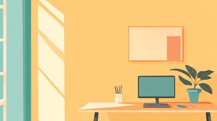 Desk with a computer monitor keyboard and a green plant in a modern office setting