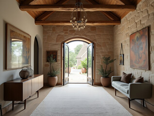Rustic boho interior design of modern entrance hall with arched doorway. Stone cladding wall and timber beam ceiling in country house hallway.