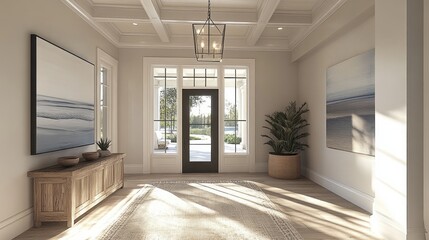 Fototapeta premium Bright foyer showcases artwork wooden furniture and abundant natural light