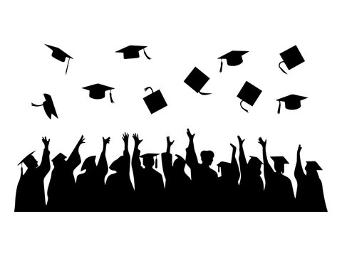 Set of silhouette graduate student throwing cap. Diverse graduates celebrate with caps and diplomas in hand silhouette.