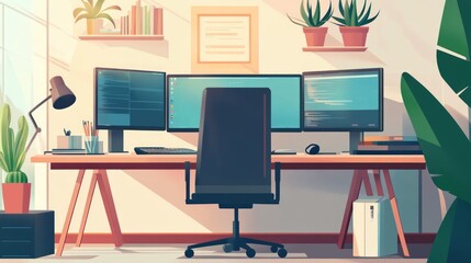 Fototapeta premium Desk setup with two computer monitors and a small green plant for a productive workspace