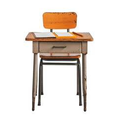 vintage school desk with orange chair, featuring worn wooden surface, two notebooks, and pen. rustic design evokes nostalgia and sense of learning
