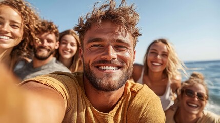 a group of happy friends taking a selfie on the beach.