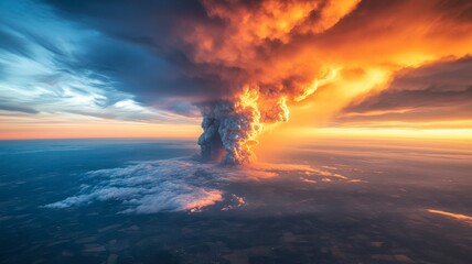 Fototapeta premium Fiery Volcanic Eruption at Sunset Aerial View of Dramatic Plume