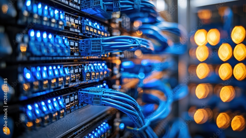 Poster a server rack full of equipment highlighting the complexity and functionality of data storage system
