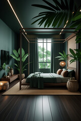 AI Generative. 3D Illustration of a Modern Tropical Bedroom with Deep Green Ambiance. 6