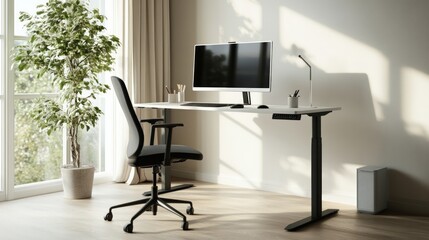 Computer desk setup featuring monitor keyboard mouse and indoor plant for workspace