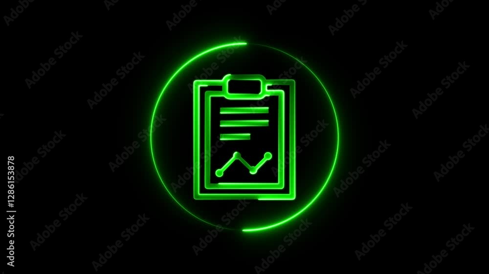 Poster glowing neon graphic document or report with chart icon animation.paper reporting illustration symbo