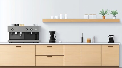 Coffee machine on a wooden cabinet in a modern kitchen setting with coffee accessories