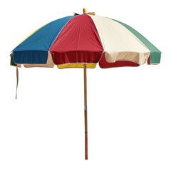 Obraz premium Colorful beach umbrella with sturdy wooden pole, perfect for outdoor relaxation. This vibrant accessory provides shade and comfort for sunny days at beach or park