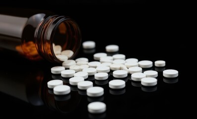 Scattered white pills on black surface