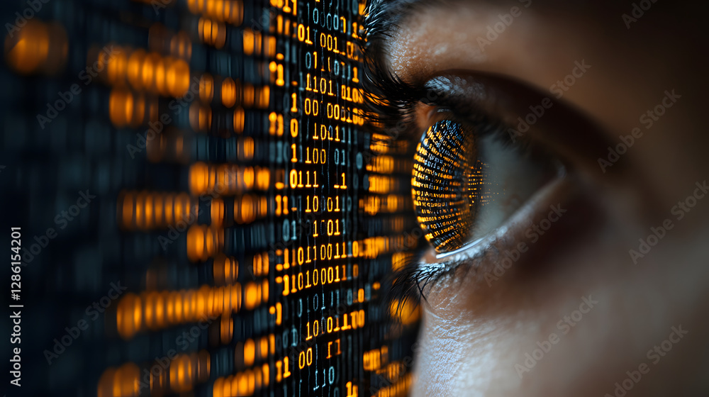 Poster digital gaze: a close-up captures the intricate beauty of a human eye reflecting a stream of binary 