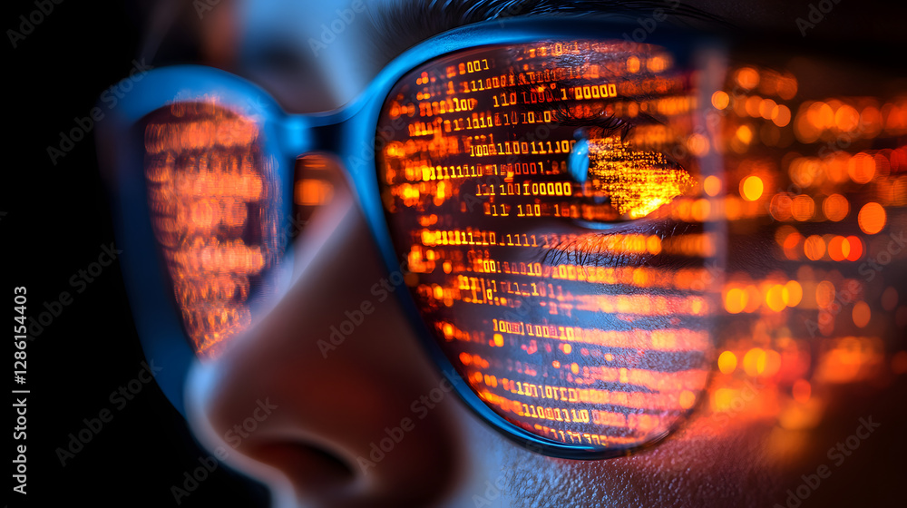 Poster tech vision: a person's glasses reflect lines of code, symbolizing the complex world of technology a