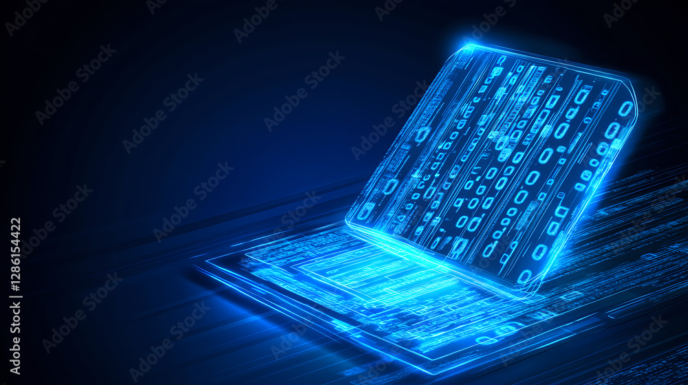 Poster digital transformation in technology laptop with binary code virtual environment futuristic concept