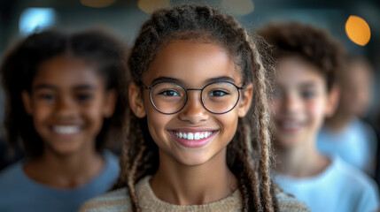 Fototapeta premium Friendship Day: Portrait of Smiling Girl with Glasses and Friends