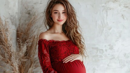 Naklejka premium Beautiful Portrait of a Pregnant Woman in Red Dress Against a Light Background