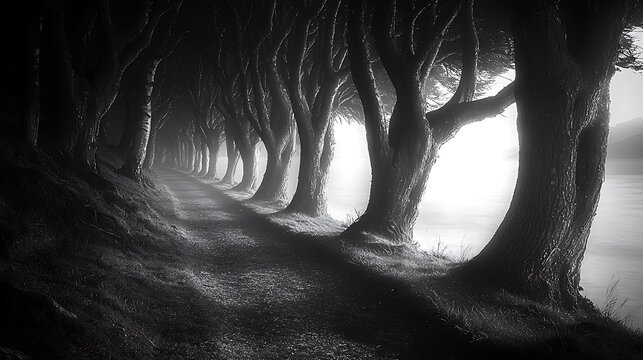 Beautiful tree lined walkway in grayscale tones high resolution picture