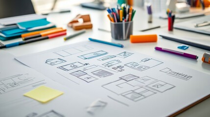 White table with various pens and a colorful drawing on paper surface