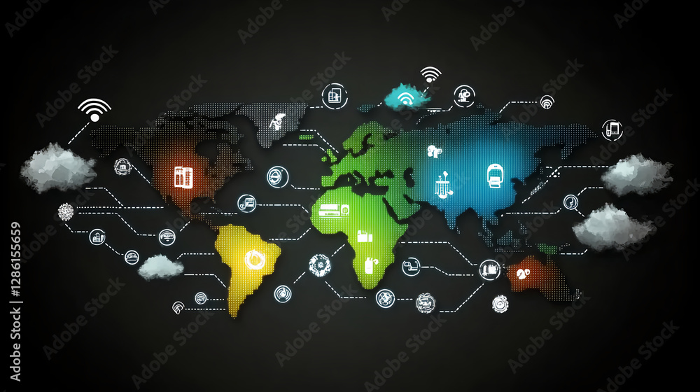 Poster global connectivity map showing technology icons digital world infographic dark background interacti